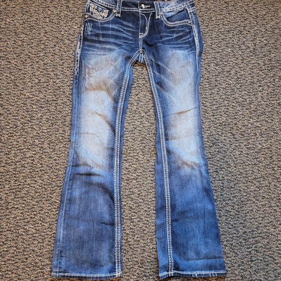 Rock Revival Betty Boot Distressed Jeans Size 27 Rhinestone Pocket Bling - Picture 3 of 11